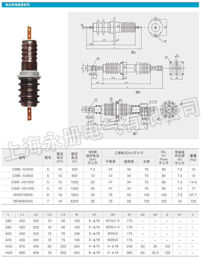 陶瓷高壓穿墻套管系列的外形及參數